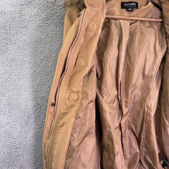 Coffee Shop Coat Womens Medium tan Long Sleeve Button Up Jacket faux fur hooded - Picture 12 of 15